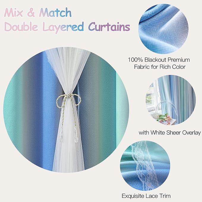XiDi Blue Green Grey Blackout Curtains 63 Inches Long for Living Room Bedroom 2 Panels Double Layer Curtains Rainbow Kids Grommet Window Drapes for Nursery Princess Unicorn Wall Decals 34 Inches Wide
