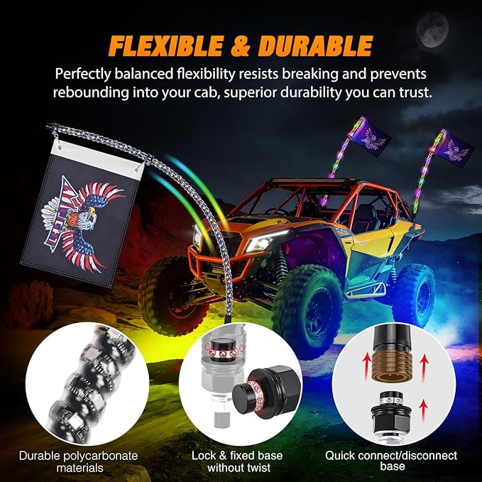 Nilight 2PCS 3FT RGB LED Whip Light and 6 PCS Rock Lights Combo Remote App Control w/DIY Chasing Patterns Stop Turn Reverse Modes Safety Antenna Whips for ATV UTV Polaris RZR Can-am Dune Buggy Jeep