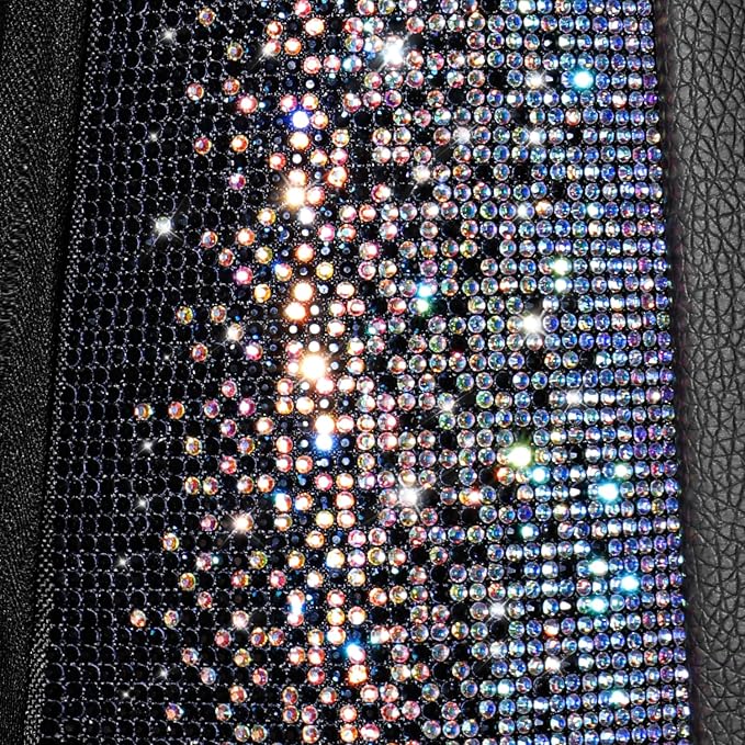 CAR PASS Bling Diamond Leather Car Seat Covers Full Seats Interior Sets, Waterproof Shining Glitter Sparkly Crystal Universal Armrest Automotive Truck SUV Cute Women Girl, Black Multicolor Rhinestone