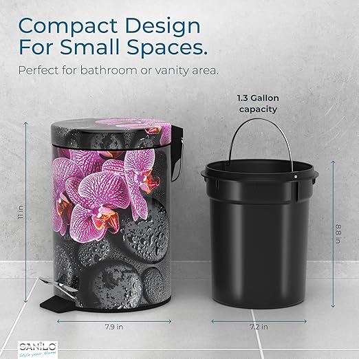 Sanilo Small Bathroom Trash Can with Lid [1.3 Gallon] - Lidded Tiny Trashcan for Garbage - Mini Metal Bin with Soft Closing Mechanism - Bath Room Accessoire Wastebin with Inner Bucket (Madeira)