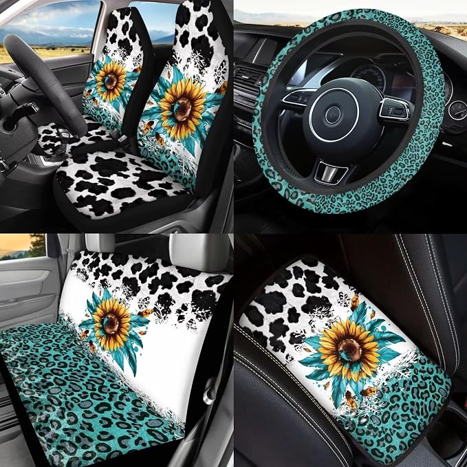 Cute Cow Print Car Seat Covers Full Set of 17 Pcs Sunflower Car Accessories for Women with Auto Headrest Covers Auto Steering Wheel Cover Keychains,Universal Automotive Interior Set Decor