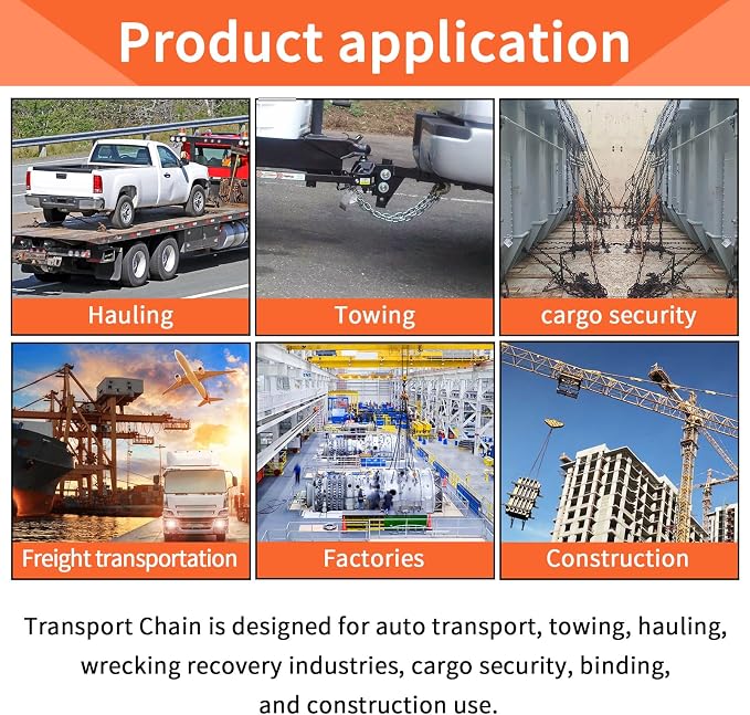 5/16" Grade 70 V-Type Transport Tow Chain 10 Ft w/J-Hooks Long Shank Legs for Flatbed Truck Tie Trailer Tractor Car Wrecker Tow Chain,3700 Lbs Working Load Limit,G70 Steel Towing Chain Bridle