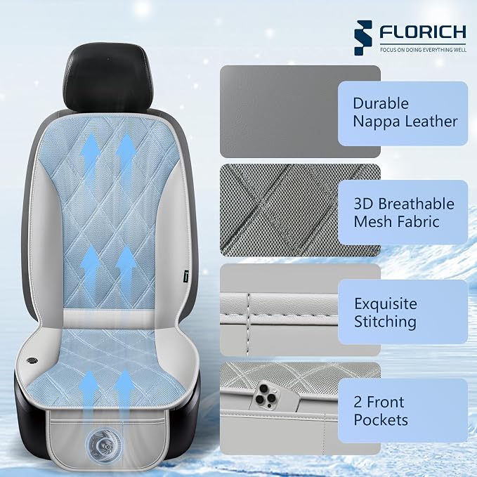 Upgraded Cooling Car Seat Cover, 12V-24V Ventilated Car Seat Cushion, 3-Speed Adjustable Cooling Car Seat Cushion, Breathable Mesh & Leather Cooling Seat Pad Universal Fit Car SUV Truck Van-Gray