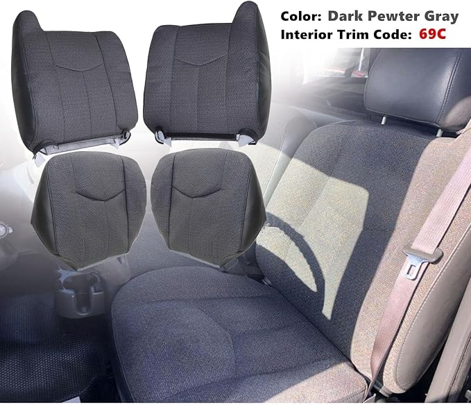 SecosAutoparts Driver & Passenger Side Bottom & Top Lean Back Dark Gray Replacement Cloth Seat Cover Compatible with Chevy Silverado GMC Sierra 2003 2004 2005 2006 2007