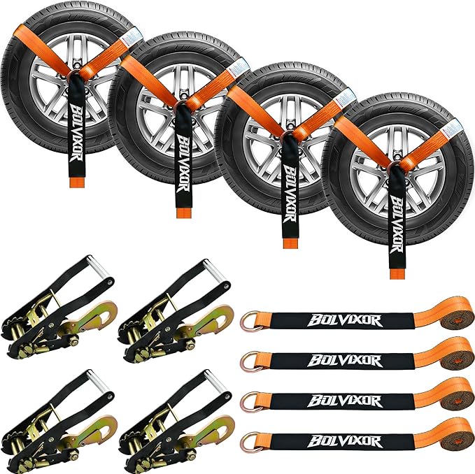4 Pack Car Tie Down Straps for Trailers - 2" x 96" - 9900LBS Break Strength - Tire Ratchet Strap with Snap Hooks - Adjustable Wheel Straps for Hauling UTV, SUV, Truck, Any Cars