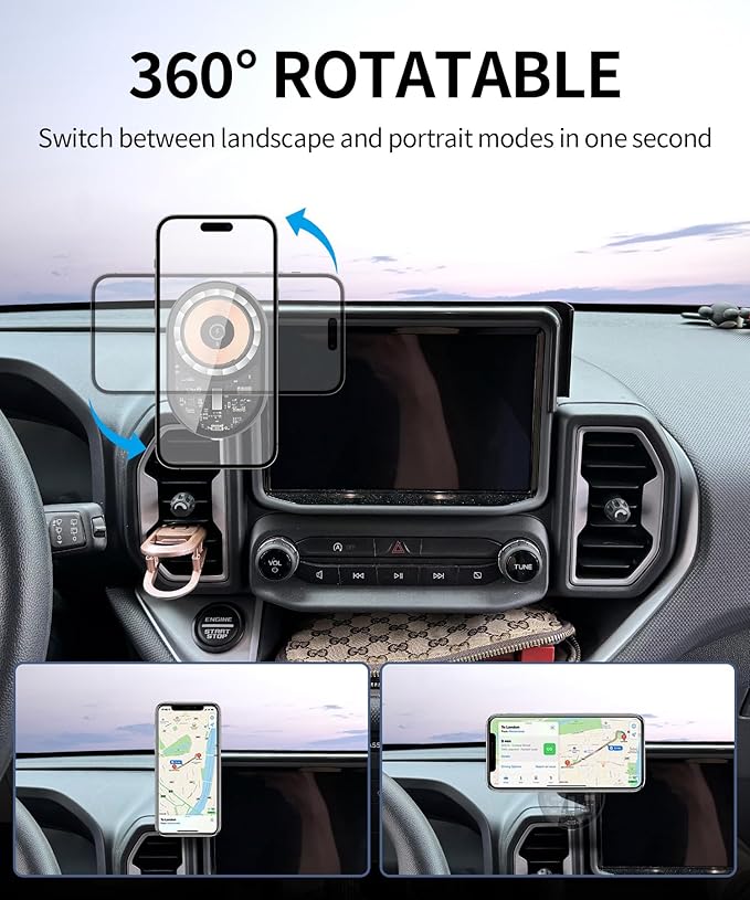 Wireless Charging Car Phone Holder for Ford Bronco Sport 2021-2024, 8" Screen Fixed Clip, 360° Rotation Car Phone Mount Compatible with MagSafe