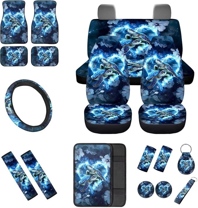Sea Turtle Print Car Interior Accessories Set of 18, Car Seat Covers Full Set for Women, Auto Steering Wheel Cover Floor Mats Armrest Pad Seat Belt Pads Roof Cup Coaster Handle Wraps Keychains