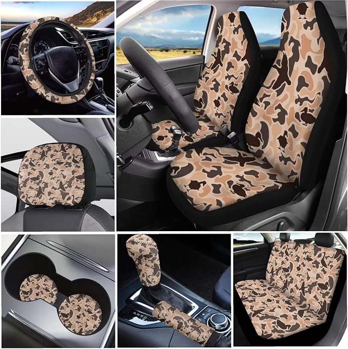 KEIAHUAN Camo Hunting Car Seat Cover Set of 11 Pieces and Handbrake and Gear Shift Knob Cover,Steering Wheel Cover,Cup Coasters Auto Interior Accessories for SUV,Sedan,Truck,Van