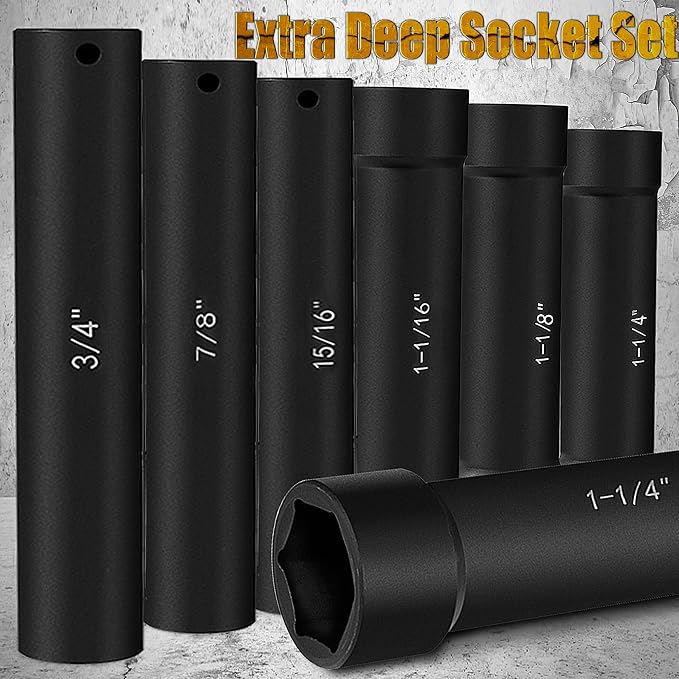 1/2 Inch Drive Extended Length Impact Socket Set 6Pcs, Extra Deep Socket Set Kit Includs Hex Sizes 3/4", 7/8", 15/16", 1-1/16”, 1-1/8", 1-1/4"