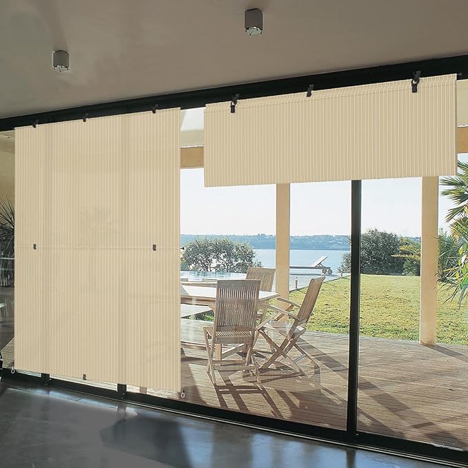 Bynbbur 4'W x 11'H Outdoor Patio Shades Foldable Roller Blinds, 220 GSM Sun Shade Roll Up Porch Screens Exterior Shade Cloth for Deck Pergola Backyard, Beige