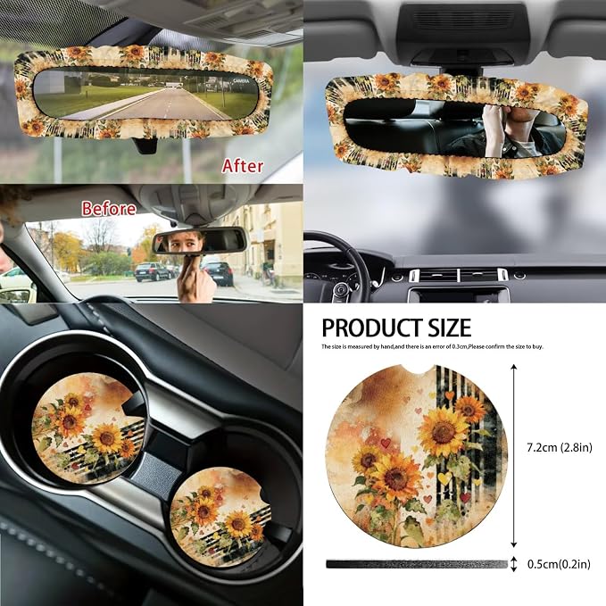 Sunflower Print Full Set Car Seat Covers with Accessories Includes Steering Wheel Cover Center Console Pad Safety Belt Pads Inside Rearview Mirror Cover Garbage Bag Coasters