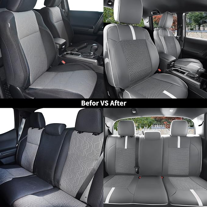 Seat Covers Custom Fit for Toyota Tacoma 2016-2023 3rd Gen Double & Crew Cab SR,SR5,Limited,TRD Pro,TRD Sport, TRD Off-Road,Full Coverage Breathable Leather Seat Covers (Full Set,Grey White)