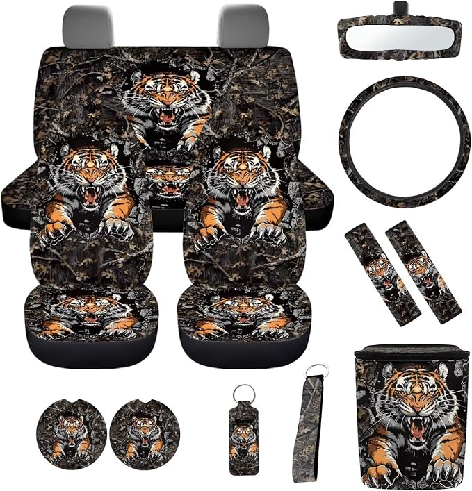 Fashion Tiger 12 Pack Car Seat Covers Full Set Steering Wheel Cover Seat Belt Cover Keychain Holder Chapstick Holder Universal Fit for Vehicles,Cars,Suvs,Vans,Sedans