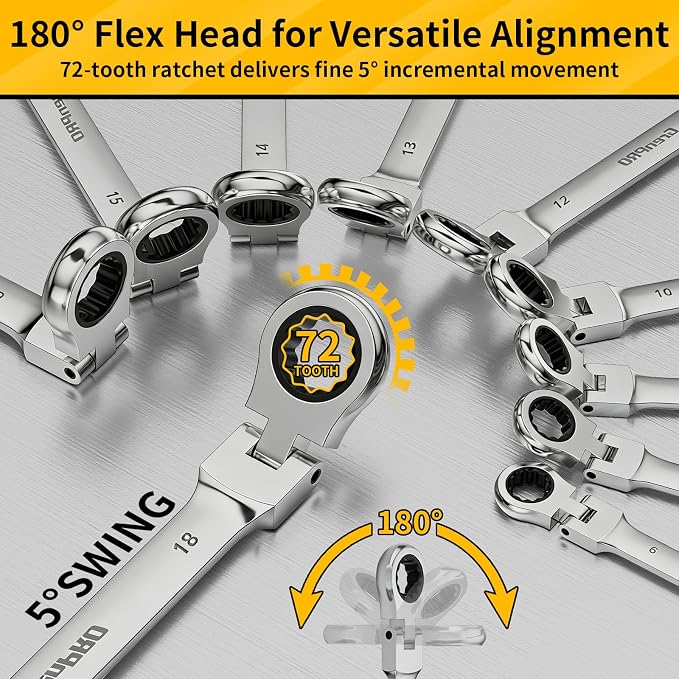 GRENPRO 23PCS Flex-Head Ratcheting Wrench Set, Combination Ratchet Wrenches Set Metric and Standard & SAE with Organizer Box, 6-18mm & 1/4" to 3/4" with Color Ring, CRV Socket Mechanic Tools Sets
