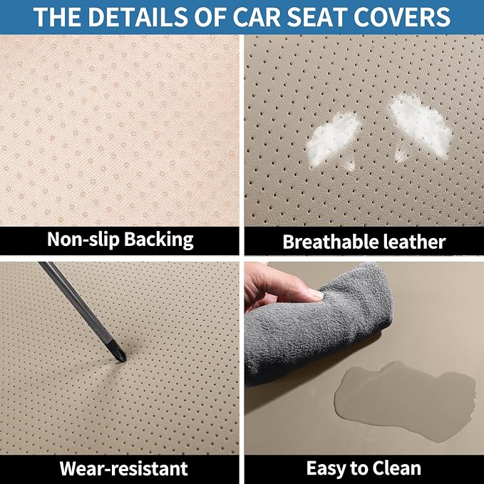 Leather Car Seat Covers Full Set Breathable Automotive Seat Covers Waterproof Seat Protectors Fit for Most Automotive Cars SUV Trucks Vehicle (Beige, Full Set)
