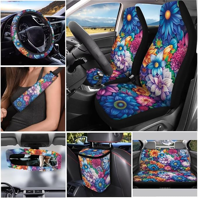 Colorful Flowers 12 Pack Automobile Seat Cover Set Car Steering Wheel Cover Seat Belt Cover Car Trash Can Coasters Decor Accessories Fit Most Cars, Truck, SUV, or Van