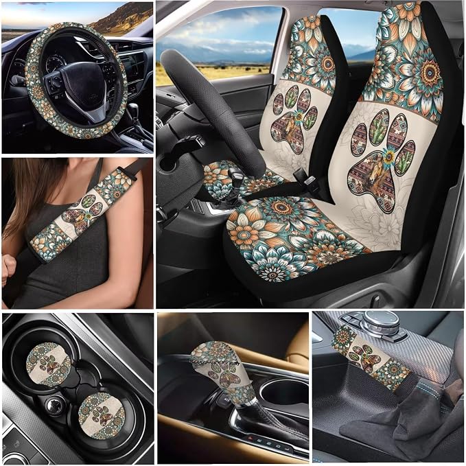Tupalatus Fashion Car Seat Covers Front Set of 9 with Steering Wheel Cover Auto Seat Belt Cover Coasters Gear Shift Cover Hand Brake Cover Automotive Interior for Men Women Paw Print Flower