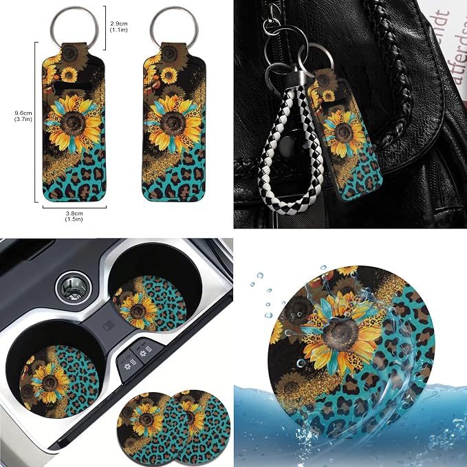 Leopard Sunflower Seat Covers for Car,11Pack Green Auto Seat Covers for Front Back,Universal Fit Most Vehicle Truck SUV,Auto Steering Wheel Cover Seatbelt Pads Keychain Cup Holder Coasters
