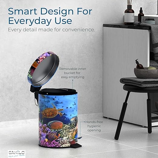 Sanilo Small Bathroom Trash Can with Lid [1.3 Gallon] - Lidded Tiny Trashcan for Garbage - Mini Metal Bin with Soft Closing Mechanism - Bath Room Accessoire Wastebin with Inner Bucket (Ocean)