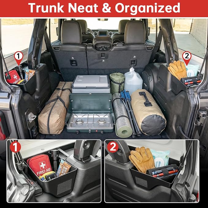 Wheel Well Storage Bin Fit for 2024-2025 Jeep Wrangler JL JLU 4XE Rear Trunk Side Storage Box Cargo Organizer Cargo Tray for Wrangler JL 4dr Accessories(24-25 Trunk Organizer, Not Gladiator)