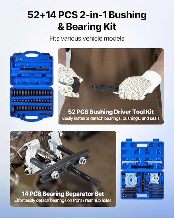 VEVOR 52pcs Custom Bushing Bearing and Seal Driver Set & 14pcs Bearing Puller Kit, 2 in 1 Bushing Bearing Driver Press Kit, Heavy Duty Removal Installation Tool Set with 49 Bushings, Separators & Jaws