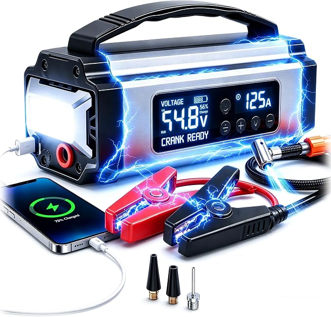 Portable 10-in-1 9000A Car Battery Jump Starter with 200PSI Air Compressor 65W Charger Premium Roadside Emergency Power Station Jump Box & Power Bank for Family Travel, SUV, Truck