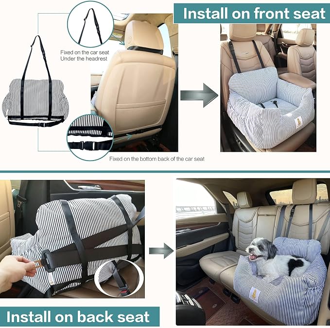 Dog Car Seat for Small Dogs, Puppy Booster Seat with Washable Pet Bed, Safety Leash and Storage Pocket, Non Slip Base Travel Seat for Car SUV Home Use, Brown