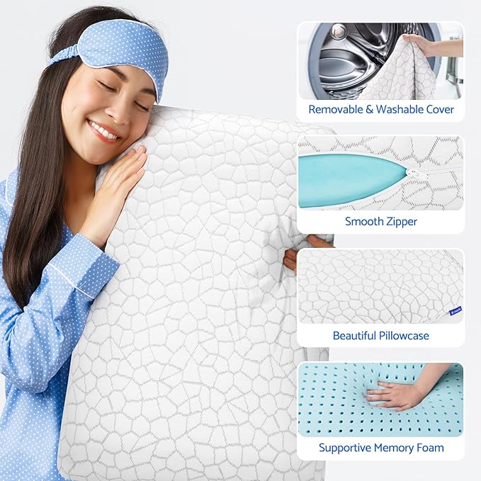 CushZone Memory Foam Pillows for Sleeping, Bed Pillow with Removable and Machine Washable Cover, Bed Pillow for Side, Neck Pillow, Back and Stomach Sleepers, Standard Size (1 Pack)