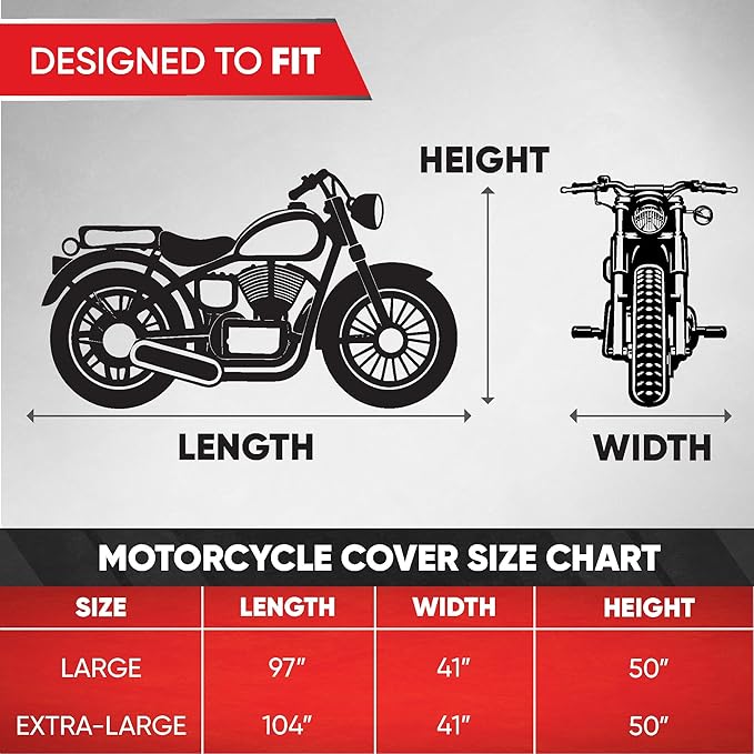 Motor Trend SportsFlex Universal Fit All-Weather Heavy Duty Motorcycle Cover, Waterproof All Seasons Indoor Outdoor Protection, Sport Bikes Cruisers Scooter Touring Off-Road 104"(L) x 41"(W) x 50"(H)