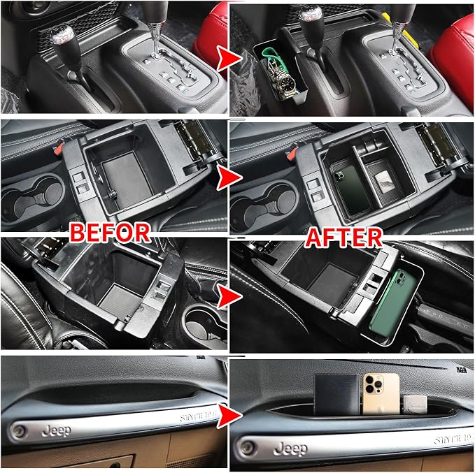 4PCS Center Console Organizers Accessories Compatible for Jeep Wrangler JK/JKU 2011-2018 2017 2016 2015 2014 2013 2012 2/4 Door Middle Armrest Tray Hanging Storage Box Grab Handle Container
