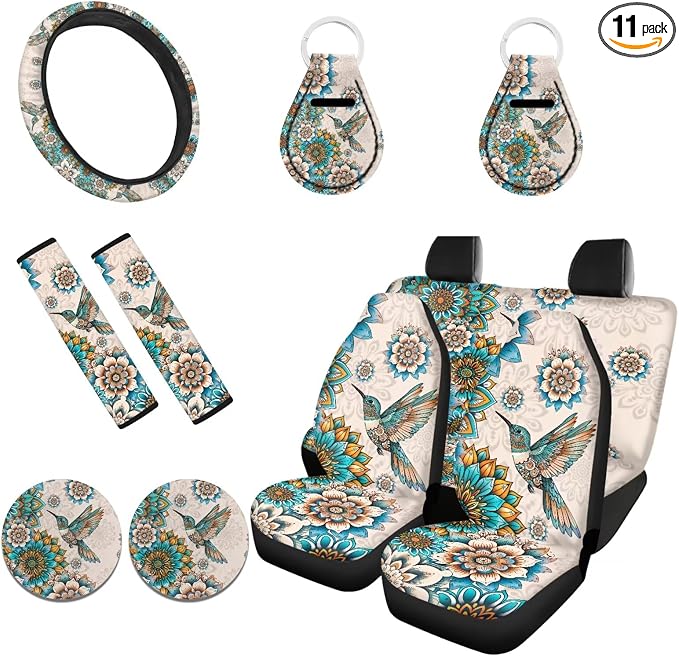 11 Pcs Boho Mandala Hummingbird Car Seat Covers Full Set, Car Front & Rear Seat Covers Steering Wheel Cover Seat Belt Coasters Key Chains, Car Accessories for Women Men