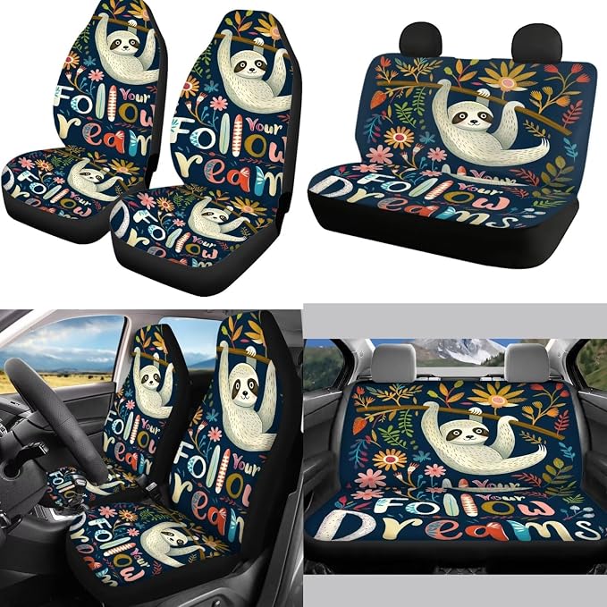 Mumeson Sloth Car Seat Covers Auto Front and Rear Cushion Covers with Steering Wheel Cover Seat Belt Shoulder Pads + Car Armrest Cushion Interior Accessories