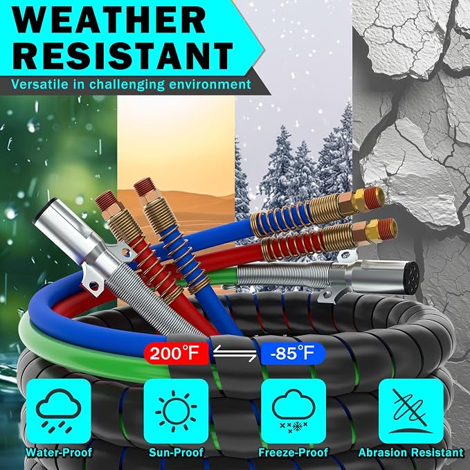 CheeMuii 2 Pack 15FT Semi Truck Air Lines Kits with Gladhands Handles Holders and Tender Springs Kit Red&Blue Air Brake Hoses and 7 Way Trailer Cord 3-in-1 Air Lines Set for Semi Truck Trailer Tractor