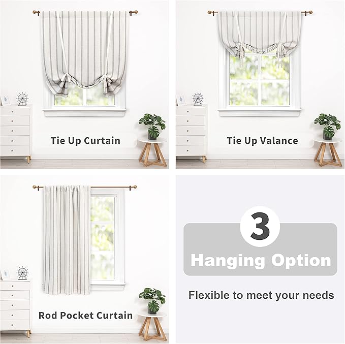 DriftAway Farmhouse Double Layer Linen Blackout Tie Up Curtains Thermal Insulated Vertical Striped Fully Lined Balloon Roman Shade Bathroom Window Adjustable Rod Pocket 45 Inch by 63 Inch Gray