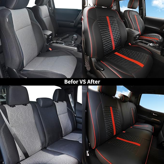 Car Seat Covers Fit for Toyota Tacoma 2016-2023 3rd Gen Double & Crew Cab SR SR5 Limited TRD Sport/Pro/Off Road Full Set,Waterproof Breathable Leather Full Coverage (Red Black)