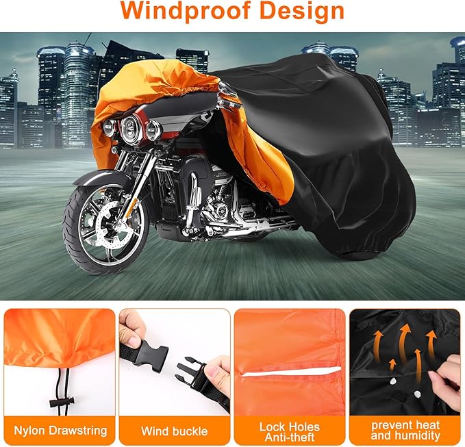 Waterproof Motorcycle Cover Replace for Harley Davidson Trike with Anti-Theft Lock Hole & Reflective Strips for Outdoor Rain Snow Protection