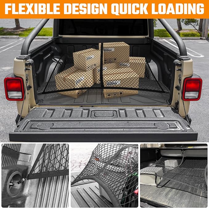 Truck Bed Mat and Cargo Net Compatible with 2020-2025 Jeep Gladiator 5FT Truck Bed Replacement, Truck Net TPE Cargo Bed Liner All Weather Cargo Mat for Jeep Gladiator Accessories