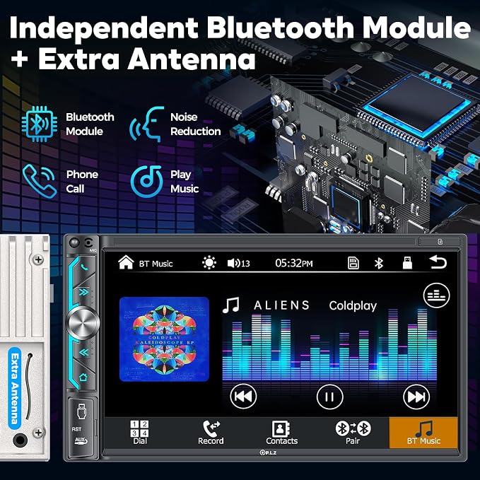 PLZ 7" Wireless Double Din Car Stereo Apple Carplay Radio Screen for Car Audio Receivers, Bluetooth, Car Play Android Auto Touchscreen, 240W 4.2 CHN 2 Subwoofers Outputs, SWC, FM/AM, Backup Camera