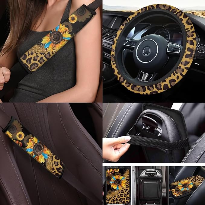 17Pcs Leopard Print Car Seat Covers Full Set with Front and Split Rear Bench,Sunflower Car Mats Full Set and Seat Belt Cover Pad,Leopard Print Car Interior Accessories for Women Universal Fit