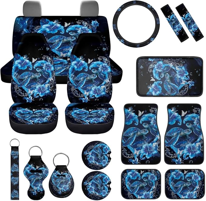 Sea Turtle Car Accessories Set 17 Pack Blue Turtle Car Seat Covers Full Set with Animal Car Mats Full Seat Belt Pads Steering Wheel Covers Car Seat Accessory Protector for Women Man