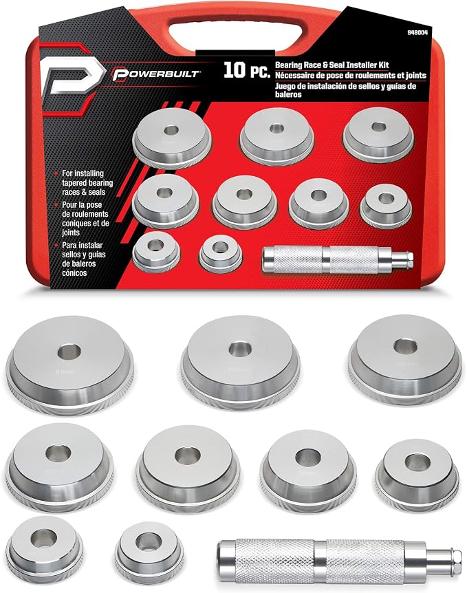 Powerbuilt 10 Pc. Master Bearing Race and Seal Driver Kit – Includes 9 Precision Wheel Inserts (1.565" to 3.180") for Easy Installation and Removal of Races and Seals – 948004
