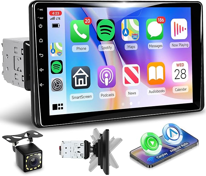 Single Din Car Stereo with Wireless A-pple Carplay Android Auto, 9" IPS Adjustable Screen Angle Car Radio 1 Din with Backup Camera Car Audio Receiver, Support Mirror Link Bluetooth FM EQ SWC