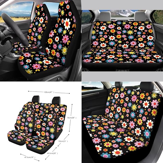 Floral Print Car Interior Covers Full Set of 15, High Back Bucket Seat Cover for Cars with Steering Wheel Cover Seatbelt Pads Trash Bag and Car Air Vent Organizer, Auto Decor