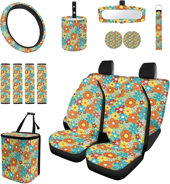 Hippie Floral Car Seat Cover Protector 15 PCS Set, with Steering Wheel Rearview Mirror Cover Seat Belt Pad Garbage Bag Coasters Key Chain Fit Most Vehicles