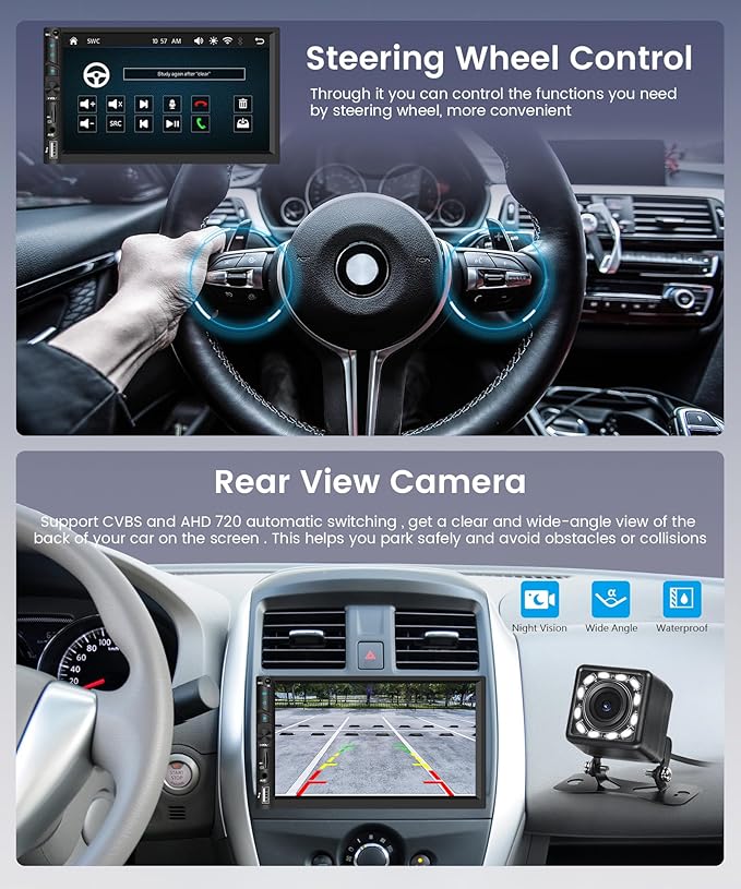 7 Inch Double Din Car Radio, Wireless/Wired CarPlay Android Auto, HD IPS 1024x600 Touchscreen, Bluetooth SWC, AHD Backup Camera, FM EQ AUX USB