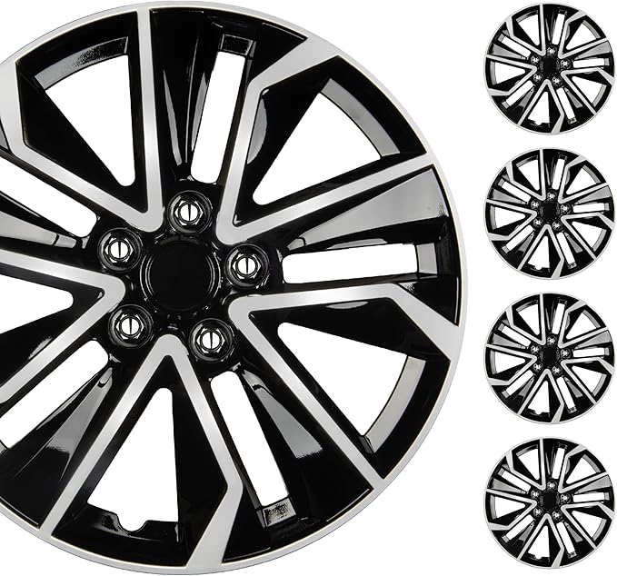 BDK 16 Inch Hubcaps Set of 4 – OEM Replacement Snap-On Wheel Rim Covers - Universal Fit Car Wheel Cover for Cars, Trucks, SUV, Vans Durable ABS Black & Silver 10-Spoke Hub-Cap Car Accessories Exterior