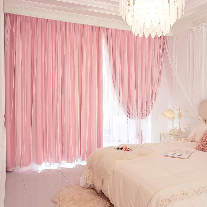 XiDi Pink Curtains Blackout 84 Inches Long for Girls Bedroom Living Room 2 Panels Grommet Thermal Insulated Double Layer Cute Girly Nursery Curtains with Sheer Overlay for Kids Princess W52XL84