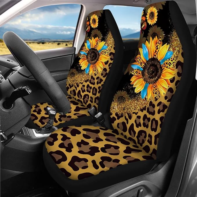 Leopard Sunflower Print Car Seat Covers Full Sets of 18 Pack Sunflower Print Car Interior Accessories Sets with Belt Pads Cover Car Headrest Covers Auto Trash Bag Steering Wheel Cover