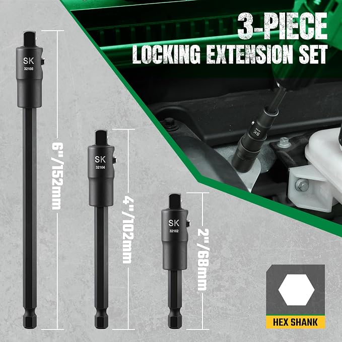 SK Tools USA 1/4" Drive, 3 Piece, Power Drive Locking Extension Set: 2", 4", 6" | 32160