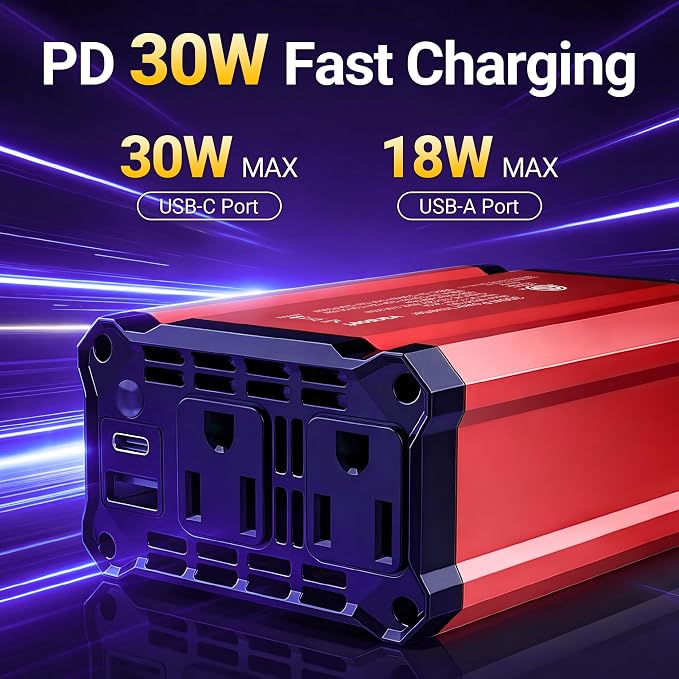 【2026 Upgraded】 300W Car Power Inverter - vansoet DC 12V to 110V AC(2 Outlets) Power Inverters with PD30W & QC18W Fast Charging Port - Car Charger Cigarette Lighter Adapter for Laptop/Phone/Road Trip